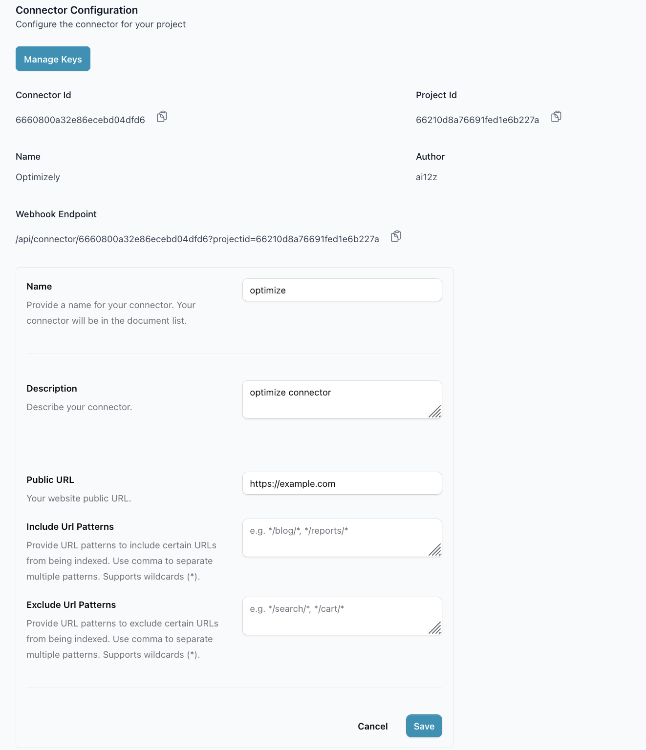 Optimizely connector configuration example