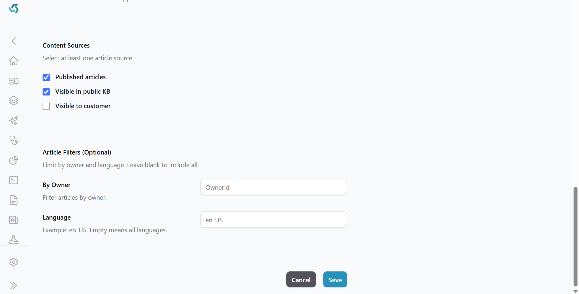 ai12z portal Salesforce Knowledge content sources checkboxes