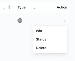 &#39;Action&#39; column with a vertical ellipsis, indicating a dropdown menu. The menu is open, displaying three options: &#39;Info&#39;, &#39;Status&#39;, and &#39;Delete