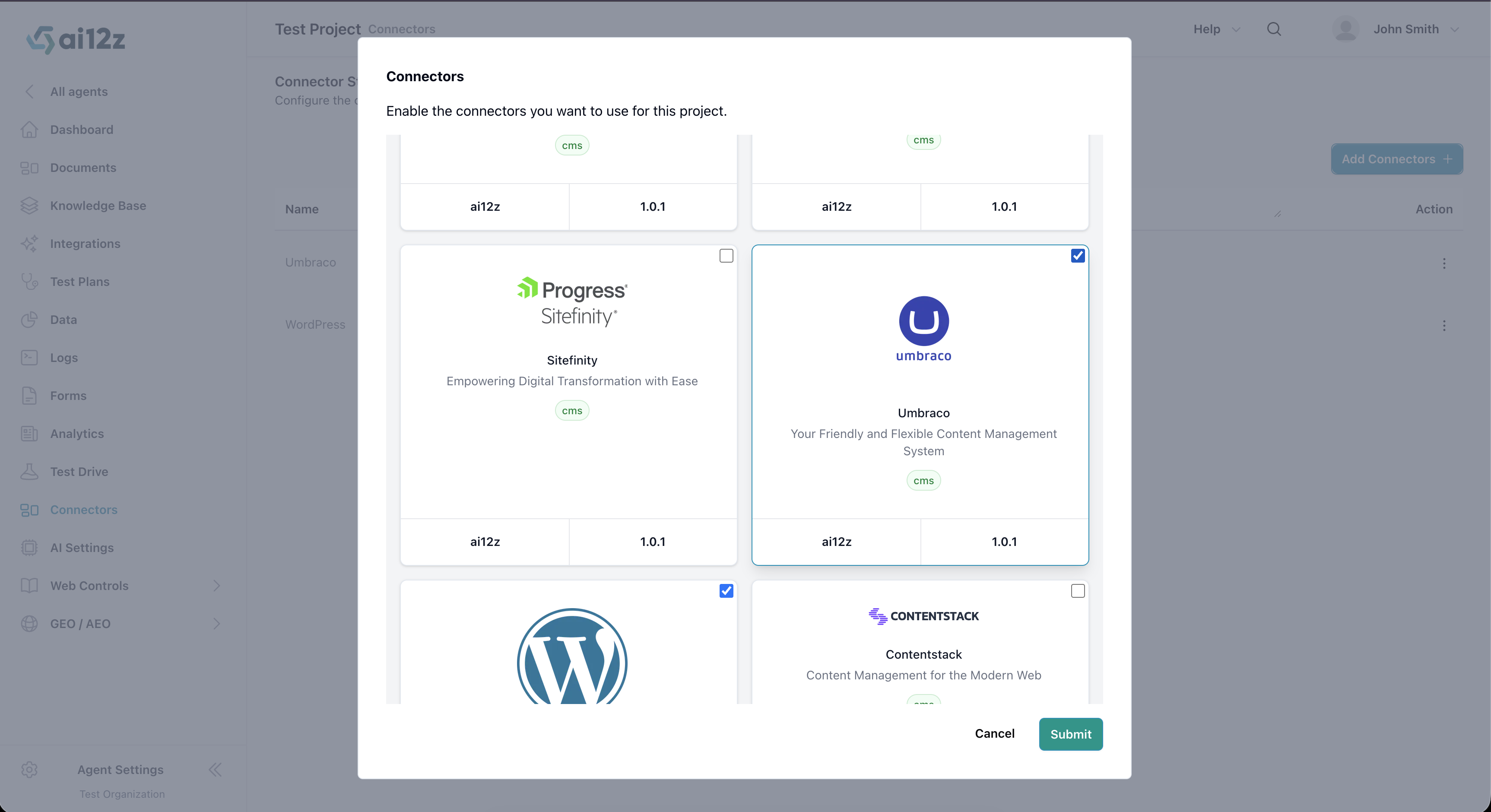 Add Connectors dialog with Umbraco selected