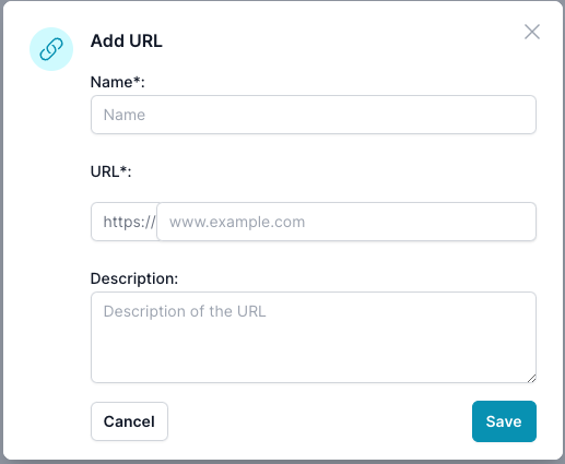 The image displays a dialog box titled &#39;Add URL&#39;, which is part of the ai12z portal. The box contains fields for inputting the &#39;Name*&#39; and &#39;URL*&#39; of a web page, both marked as required, and an additional field for a &#39;Description&#39; of the URL. At the bottom of the dialog box, there are two buttons: &#39;Cancel&#39; to discard the action and &#39;Save&#39; to store the entered information. Process for users to add a new web link as an asset