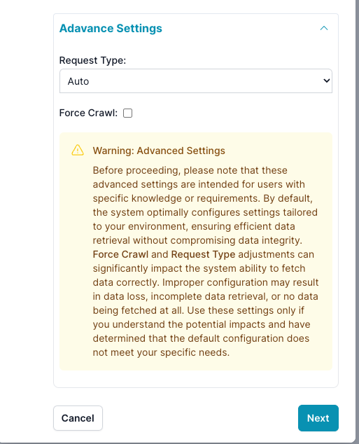 The image displays an &#39;Advance Settings&#39; section for a web interface, related to sitemap extraction or web crawling. There are options to select the &#39;Request Type&#39;, with &#39;Auto&#39; currently chosen from a dropdown menu, and a checkbox for &#39;Force Crawl&#39;, which is not checked.