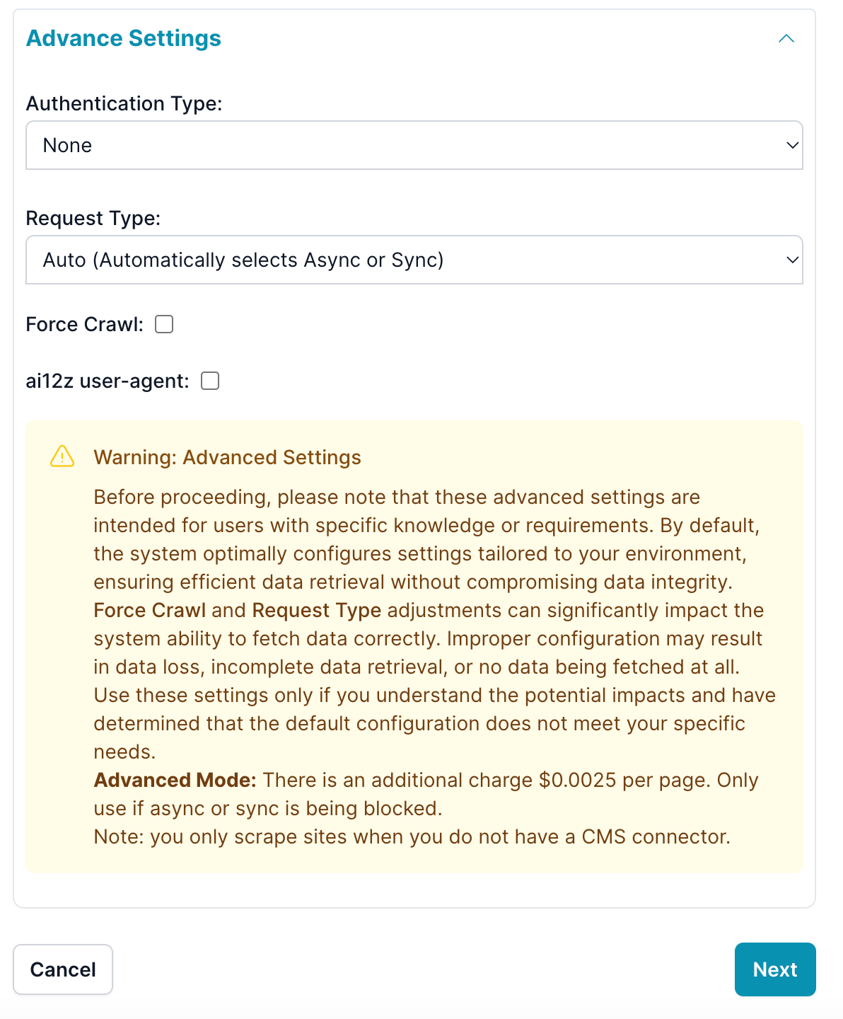 The image displays an &#39;Advance Settings&#39; section for a web interface, related to sitemap extraction or web crawling. There are options to select the &#39;Request Type&#39;, with &#39;Auto&#39; currently chosen from a dropdown menu, and a checkbox for &#39;Force Crawl&#39;, which is not checked. Authentication, User Agent