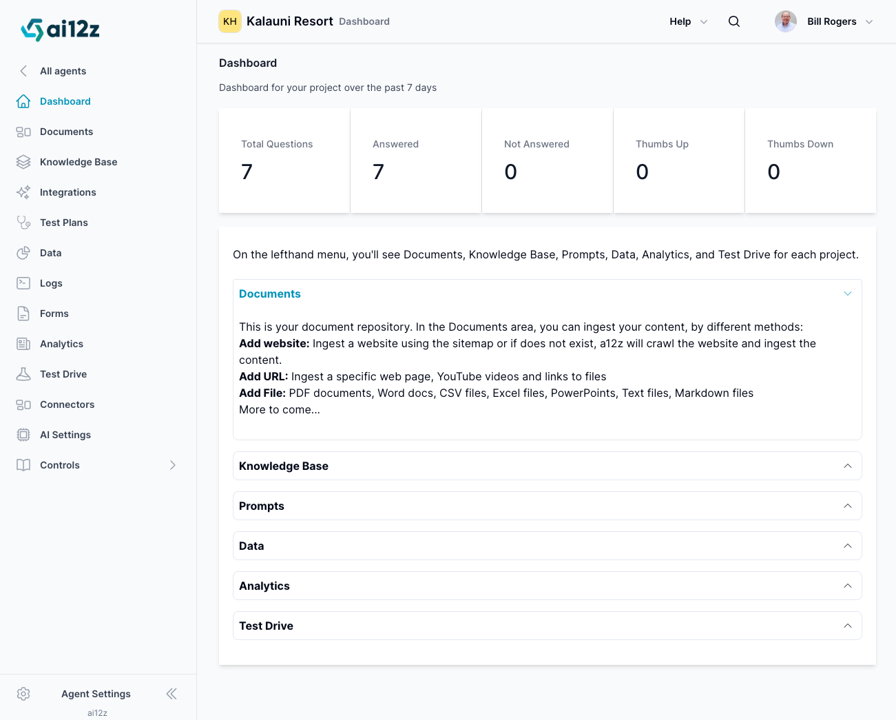 Agent Dashboard summarizing 7 days of activity with key metrics such as total questions and answers. The left-hand navigation includes sections for Documents, Knowledge Base, Prompts, Data, Analytics, Test Drive, CMS Connectors, AI Settings, and Agent Settings