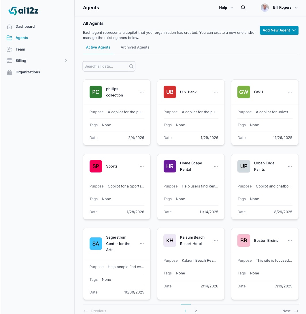 List of Agents, each represented by a card with title and actions