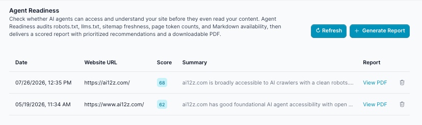 Agent-Readiness report list, showing a completed audit scoring 68: Mostly Ready