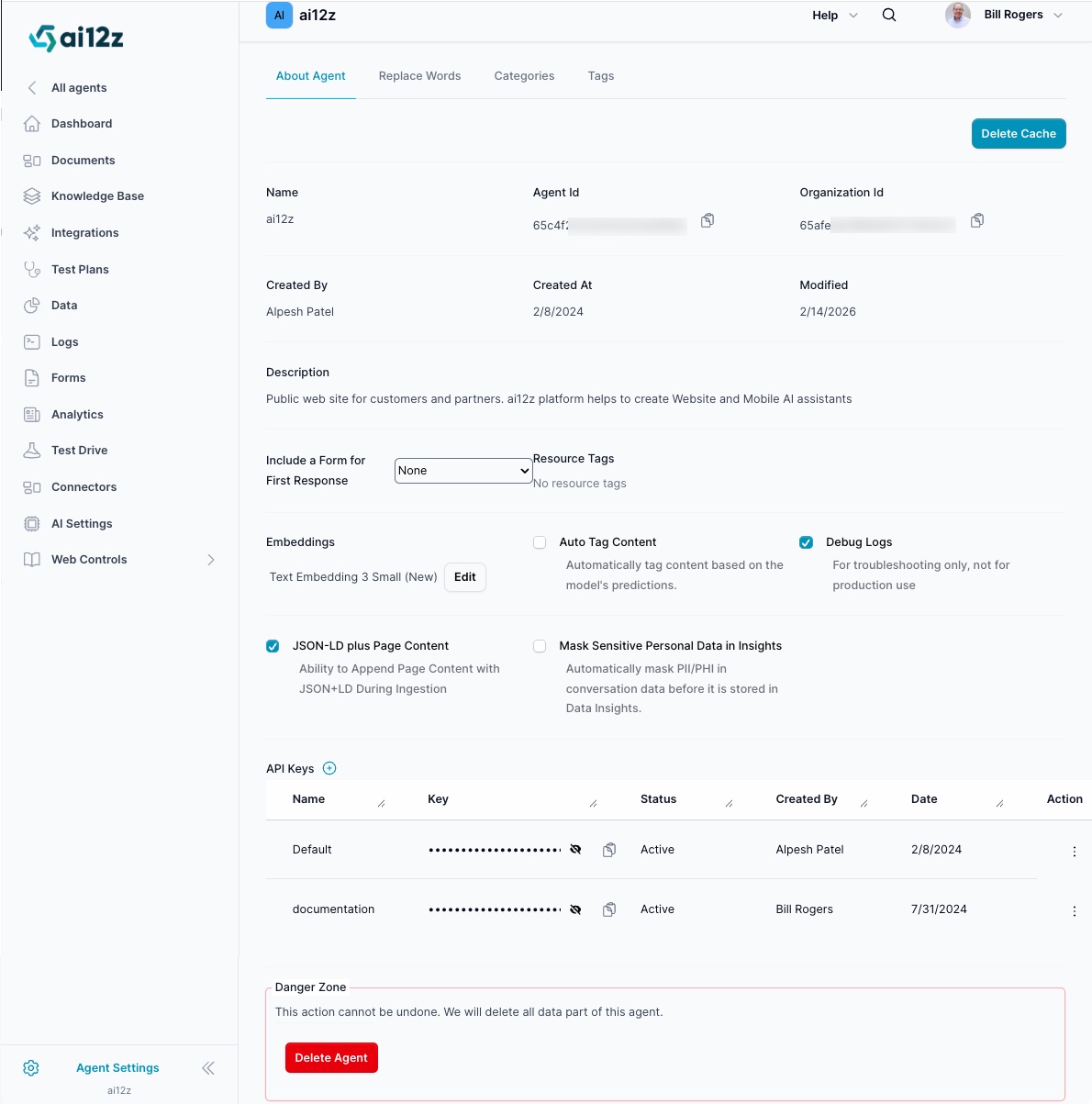 Agent Settings overview with About Agent, Replace Words, Categories, and Tags