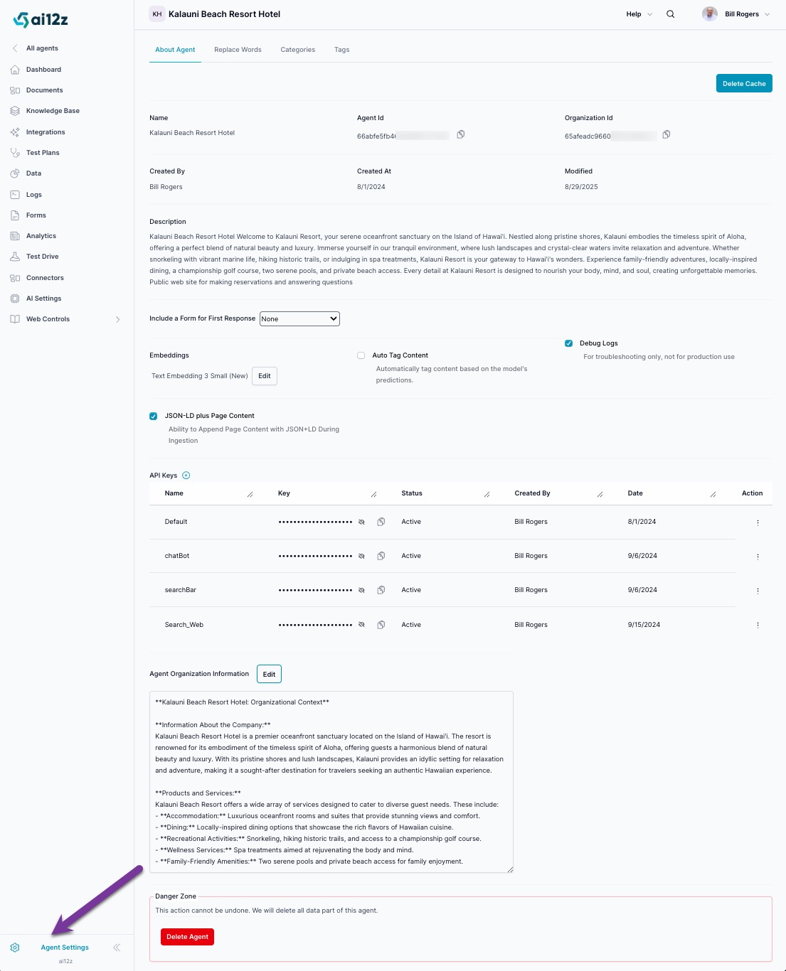 Agent Settings overview with About Agent, Replace Words, Categories, and Tags