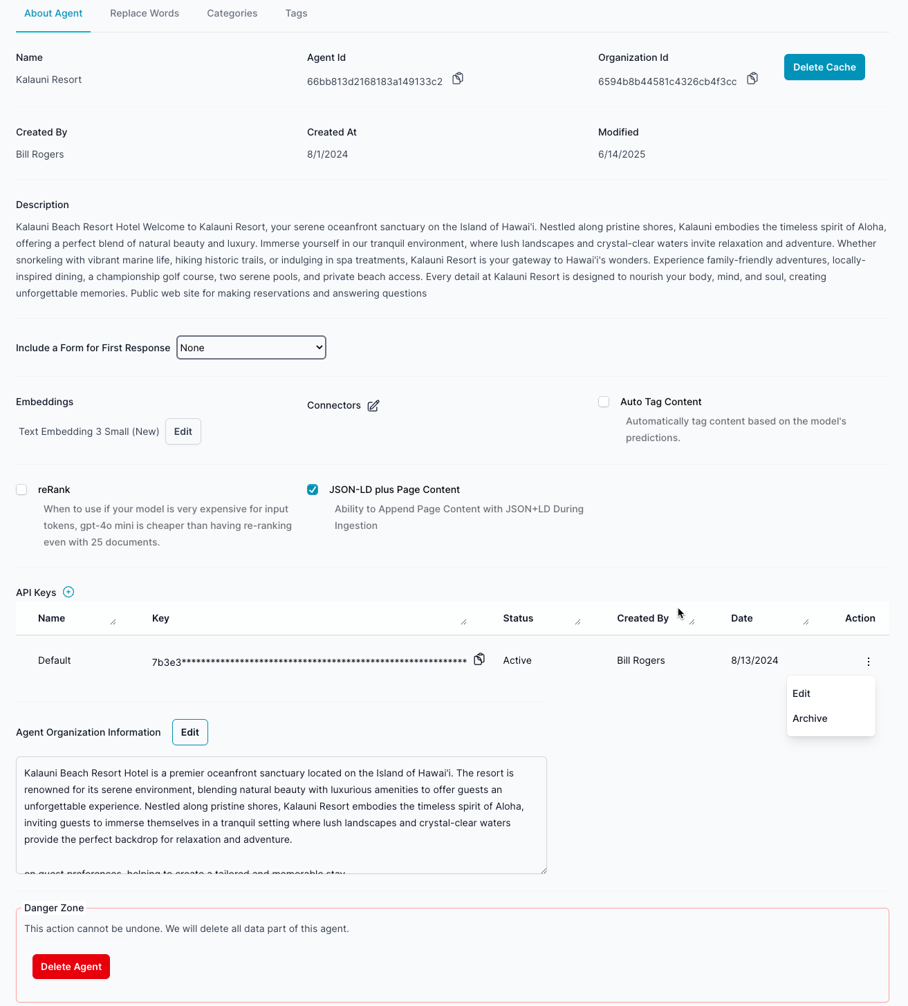Agent Settings management interface showing key metadata, embedding selection, JSON-LD option, and API keys