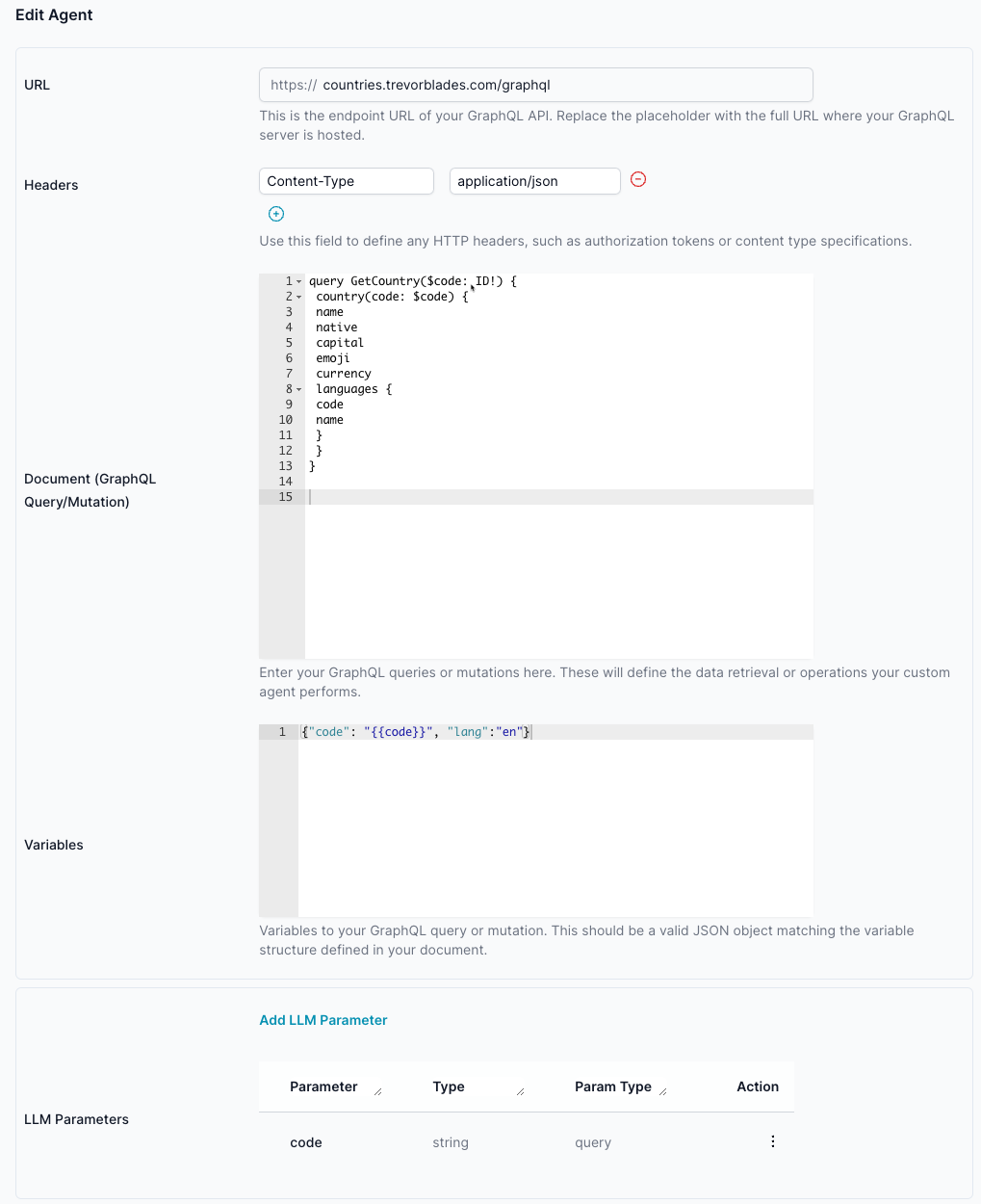 Setup of the GraphQL endpoint and the LLM parameters