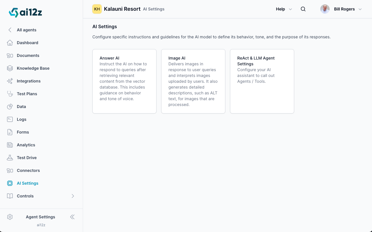 The AI Settings page of the ai12z platform features a clean and organized user interface. The main section displays several cards, each representing a different AI module. These cards include Answer AI, Image AI, and ReAct AI Settings. Each card briefly describes the function of the corresponding AI module, such as instructing the AI on response behavior, providing contextual insights, analyzing previous interactions, delivering and interpreting images, processing multimedia inputs, and configuring ReAct.