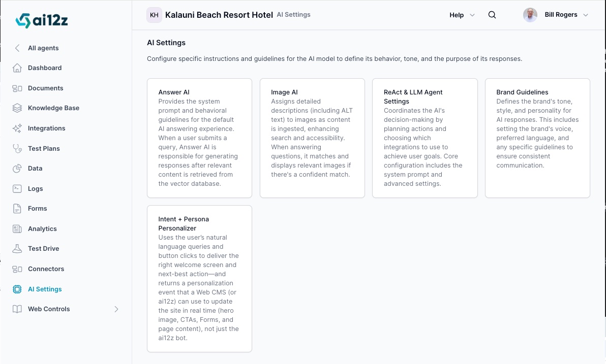 AI Settings page showing four main configuration cards: Answer AI, Image AI, ReAct &amp; LLM Agent Settings, and Brand Guidelines