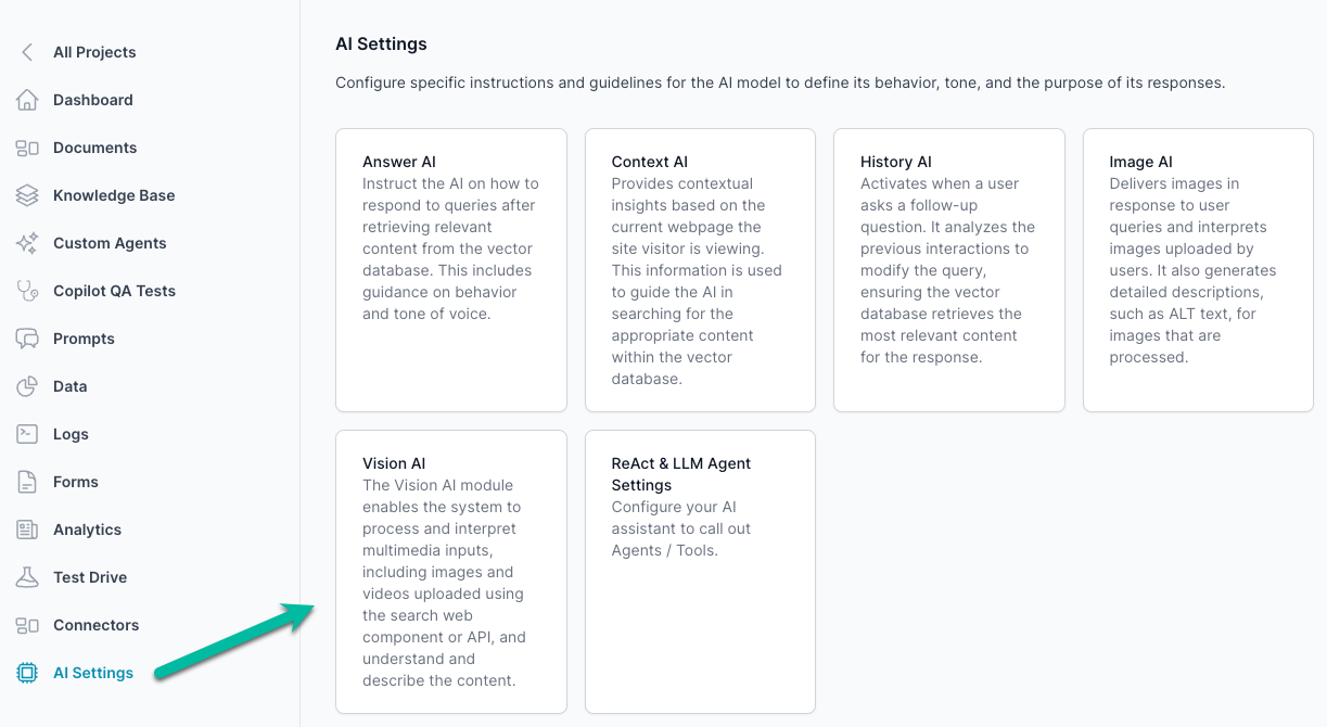 The AI Settings page of the AI12z platform features a clean and organized user interface. The main section displays several cards, each representing a different AI module. These cards include Answer AI, Context AI, History AI, Image AI, Vision AI, and Copilot Settings. Each card briefly describes the function of the corresponding AI module, such as instructing the AI on response behavior, providing contextual insights, analyzing previous interactions, delivering and interpreting images, processing multimedia inputs, and configuring ReAct &amp; LLM Agent / Tools settings. The header of the page shows the AI12z logo, AI Settings title, a Help dropdown, a search icon, and the user profile icon labeled &#39;Bill Rogers.