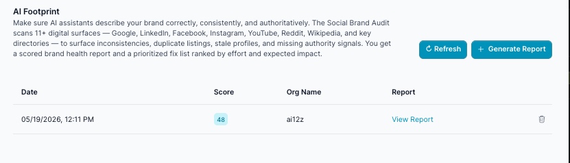 AI Footprint report list, showing a completed audit scoring 48/100