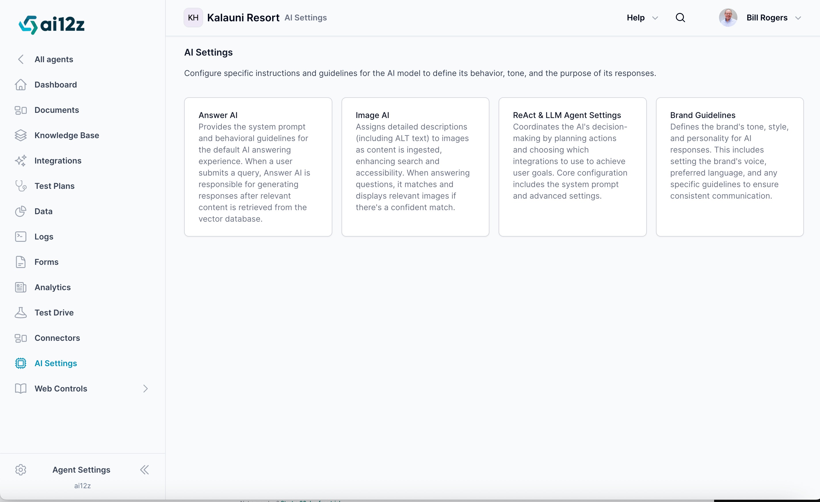 AI Settings page showing four main configuration cards: Answer AI, Image AI, ReAct &amp; LLM Agent Settings, and Brand Guidelines