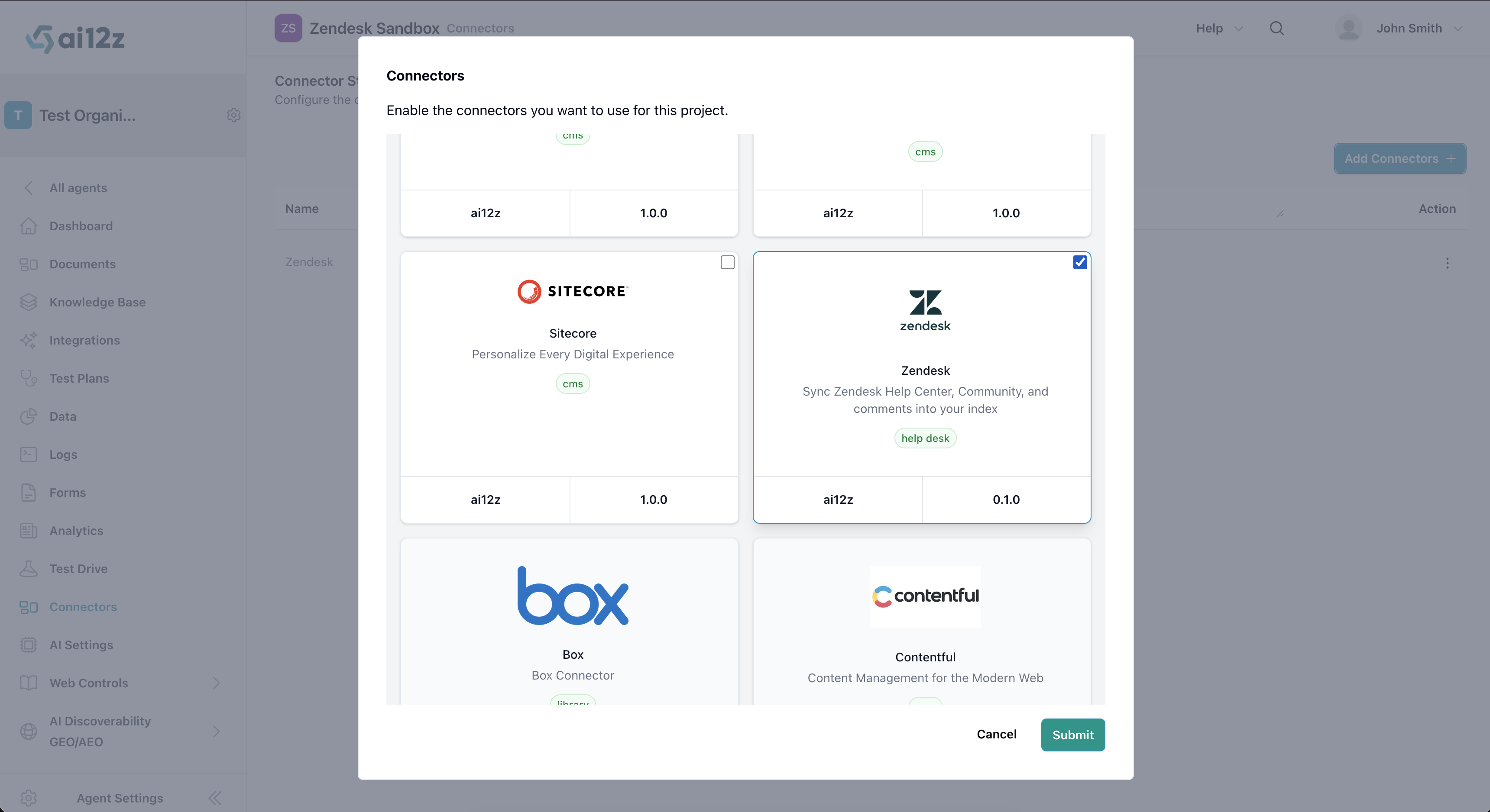 Add Connectors dialog with Zendesk selected