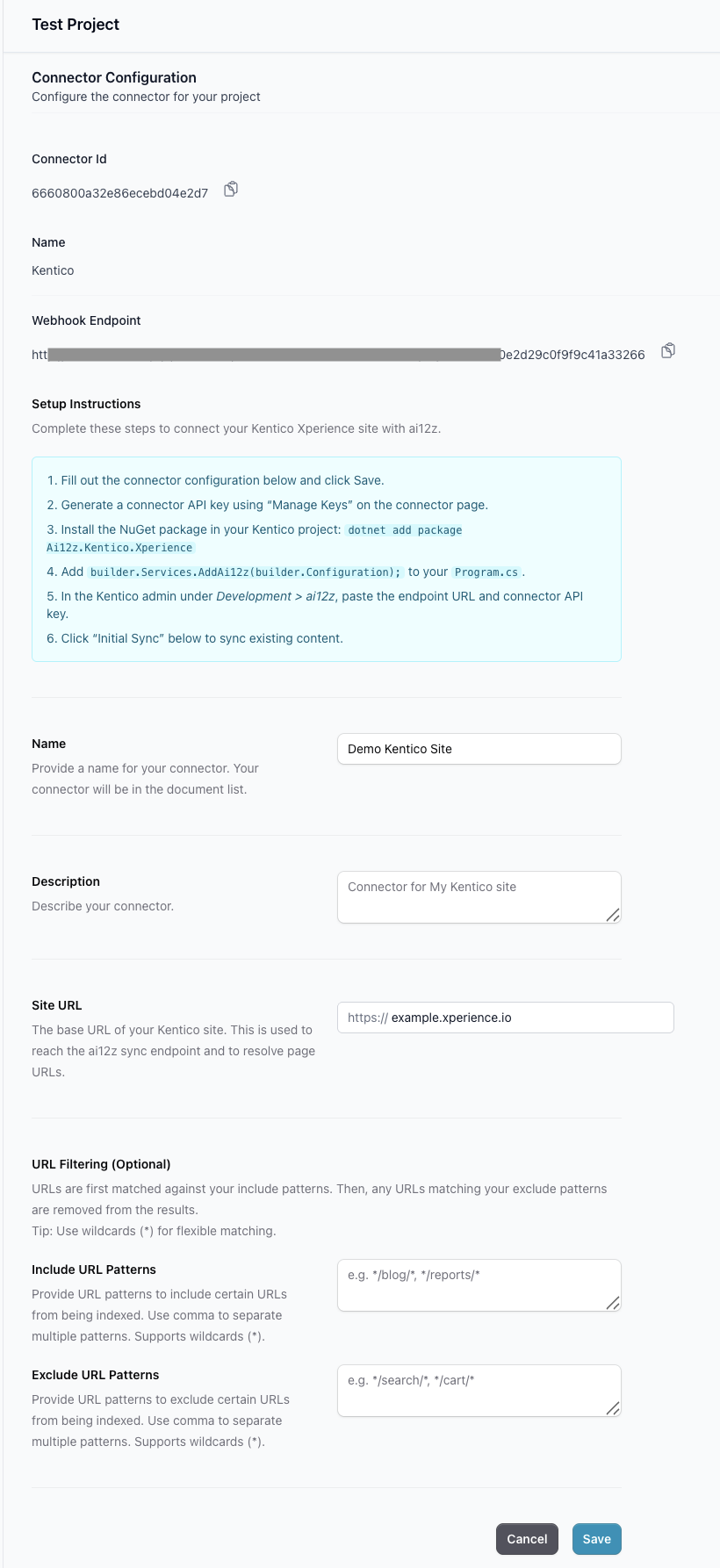 ai12z portal Kentico connector configuration