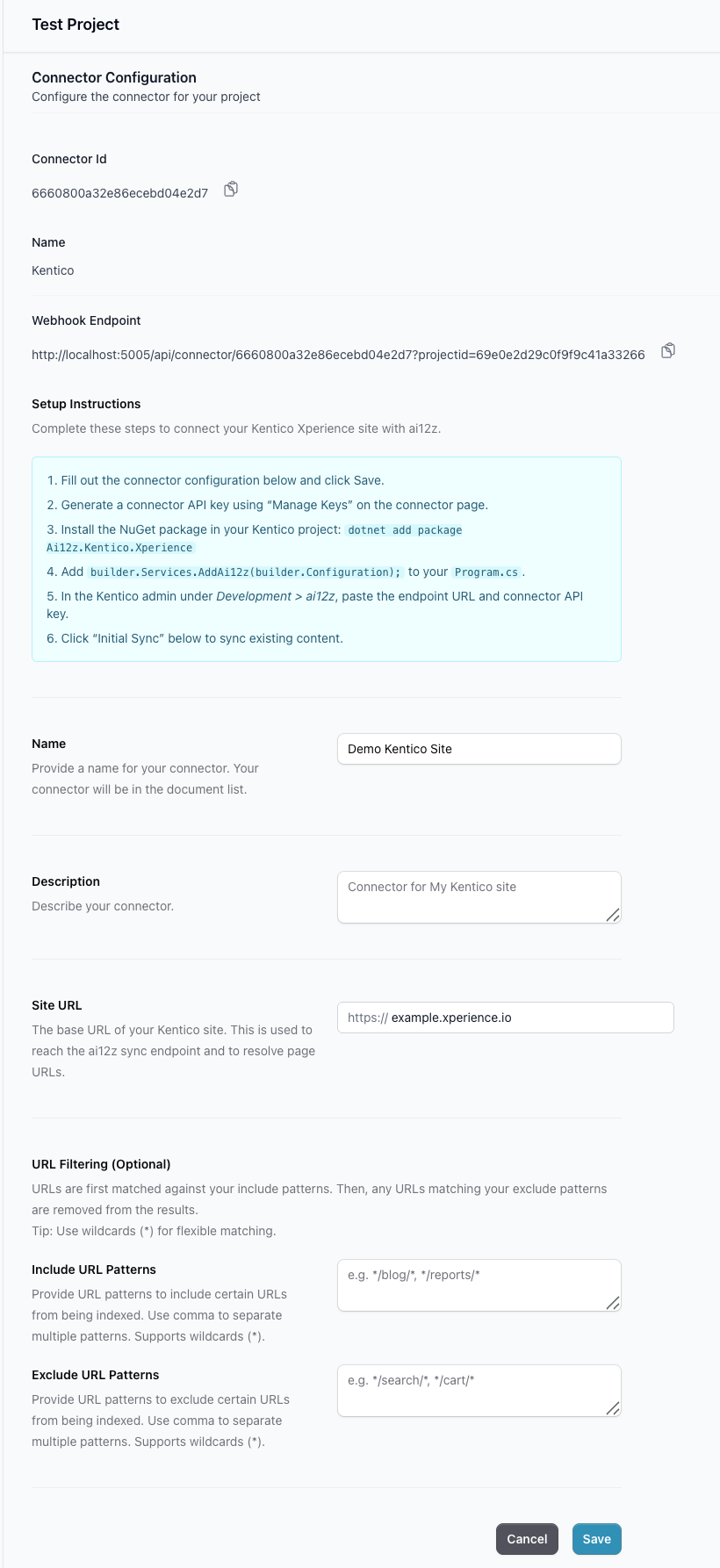 ai12z portal Kentico connector configuration