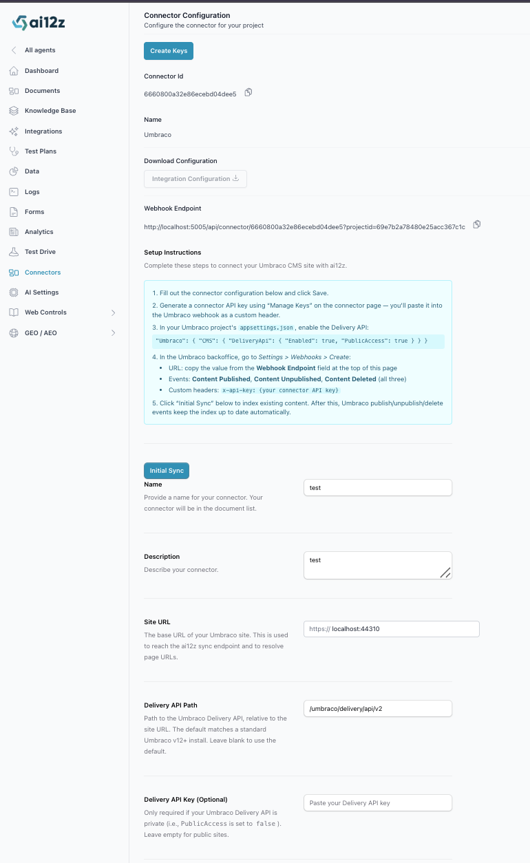 ai12z portal Umbraco connector configuration