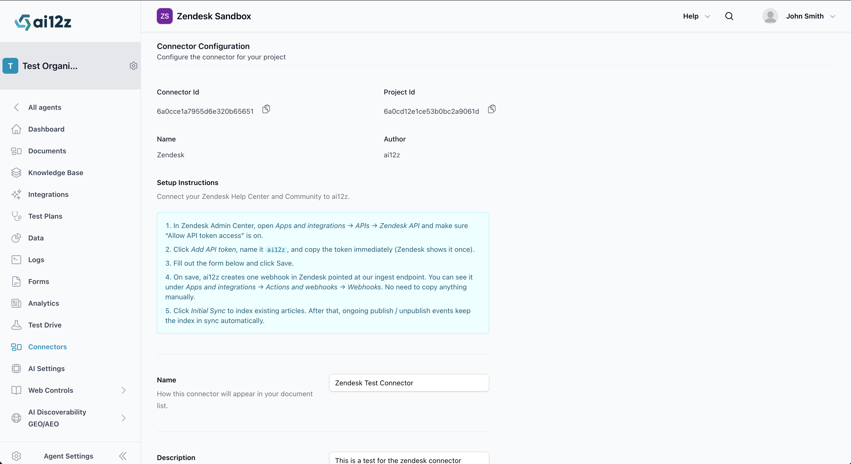 ai12z portal Zendesk connector configuration page