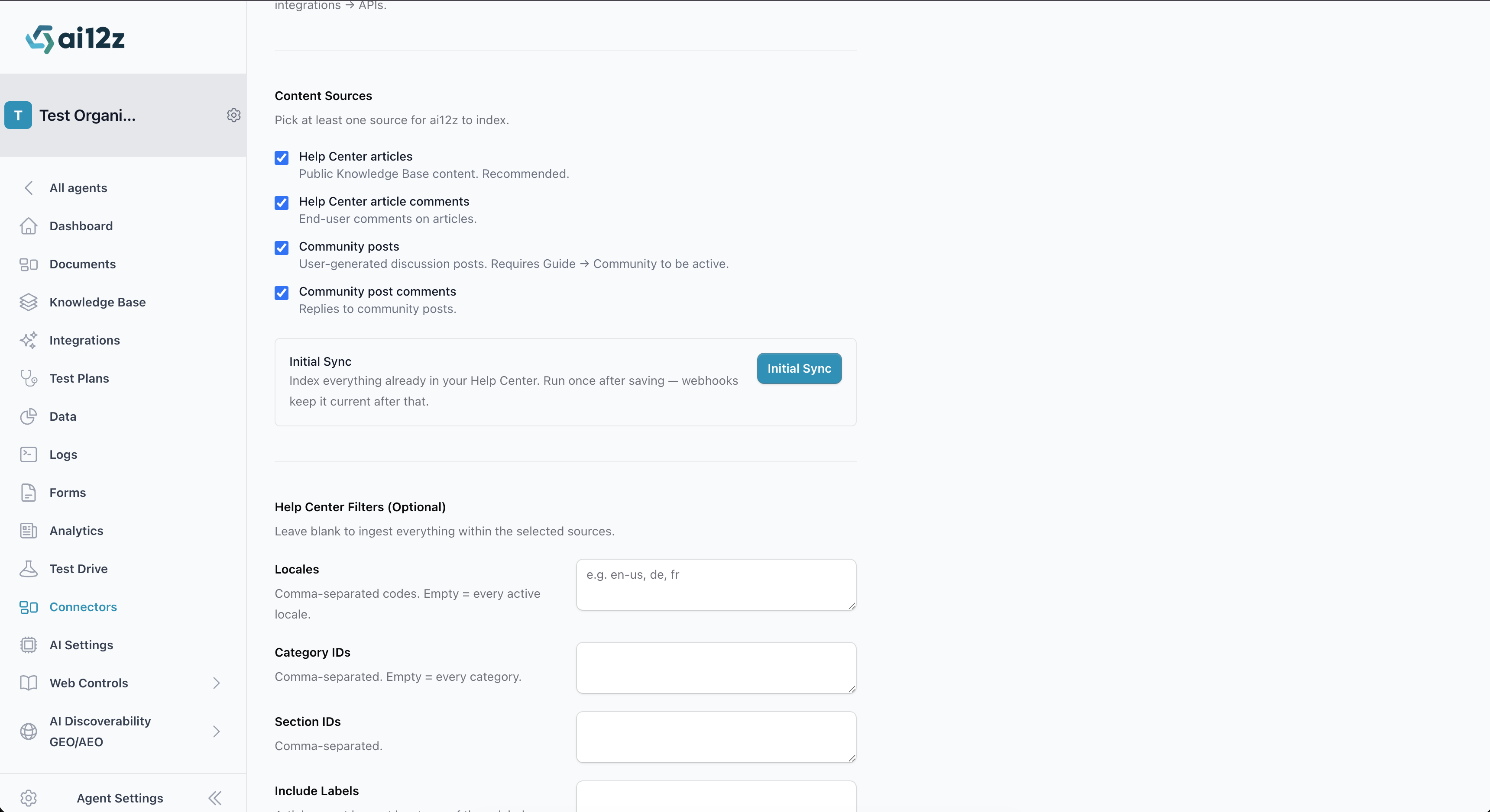 ai12z portal Zendesk content sources checkboxes