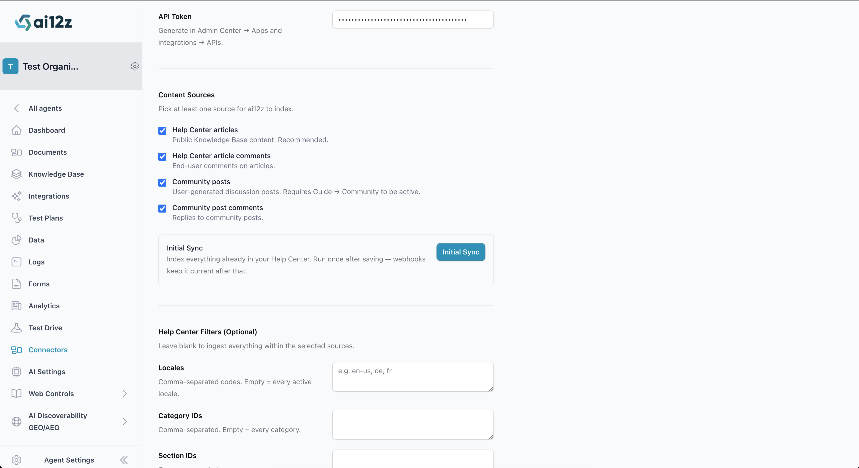 ai12z portal Zendesk Initial Sync button