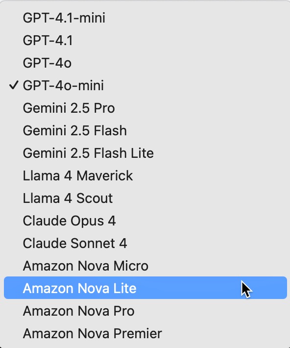 Updated model selection interface showing expanded model options
