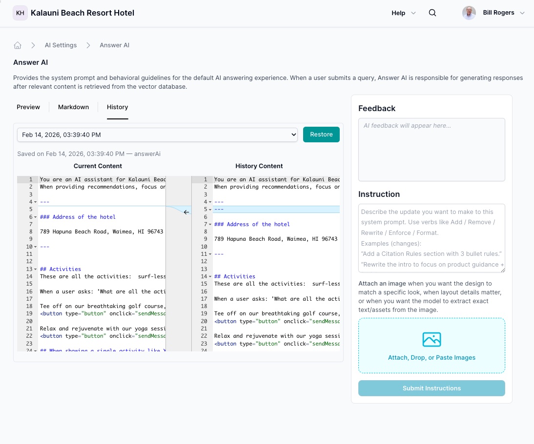 History comparison interface showing side-by-side diff view