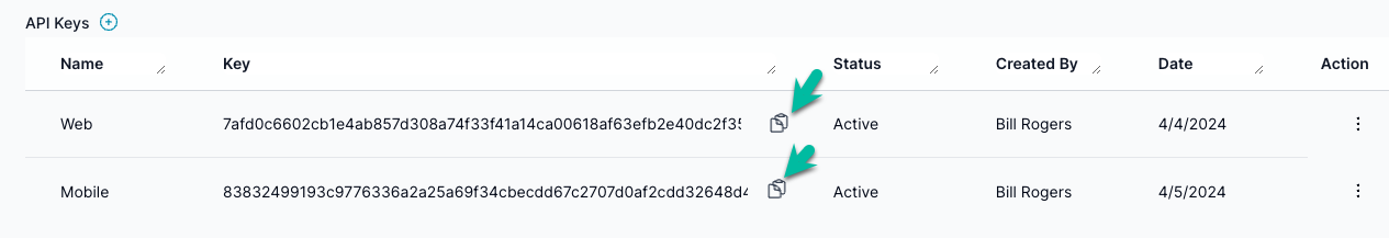  &#39;API Keys&#39; section in a web interface. There are two API keys listed. The first is named &#39;Web&#39; with a complex key string, marked as &#39;Active&#39; and created by. The second is named &#39;Mobile&#39; with a different key string, also &#39;Active&#39;. Each key has an icon suggesting the ability to copy the key to the clipboard and a menu for further actions indicated by a vertical ellipsis.