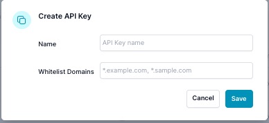 Create API Key modal showing API Type dropdown, Name field, and Whitelist Domains