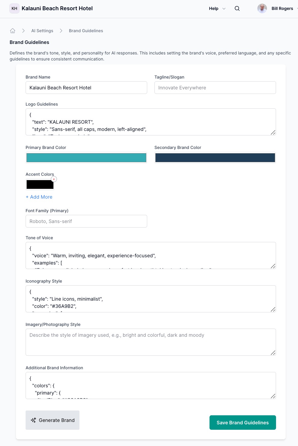 Completed brand guidelines form with all fields automatically populated