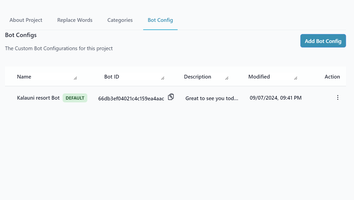 The bot config screen is designed to simplify the process of creating and configuring bots tailored to your specific business needs. Here, you can create, edit, and delete your custom bots.