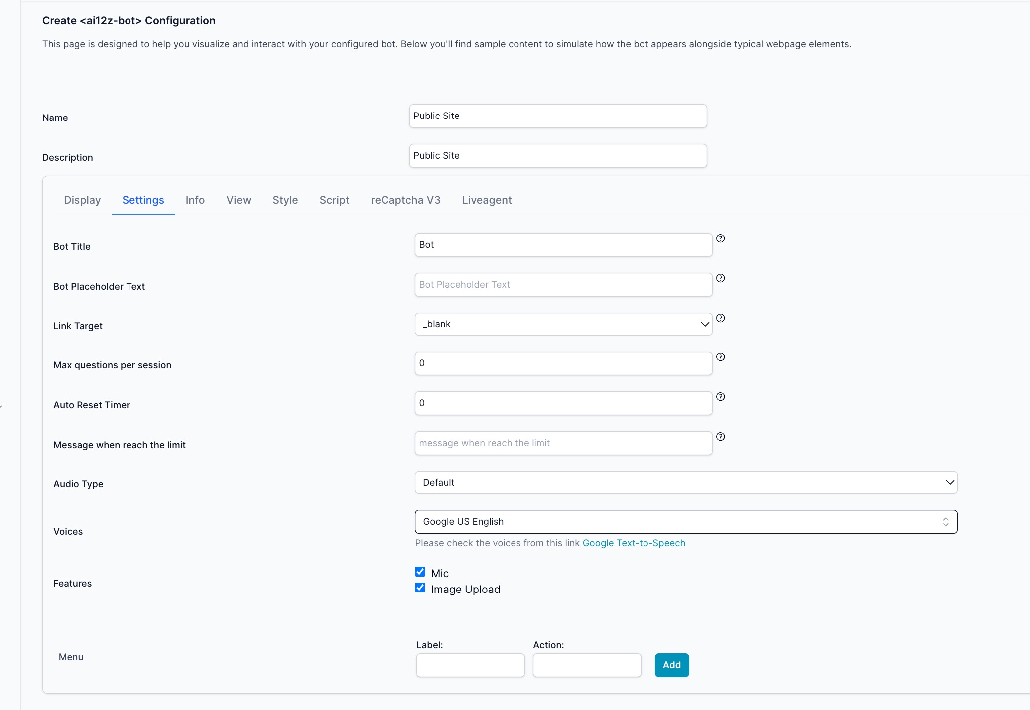 Setting bot control tab