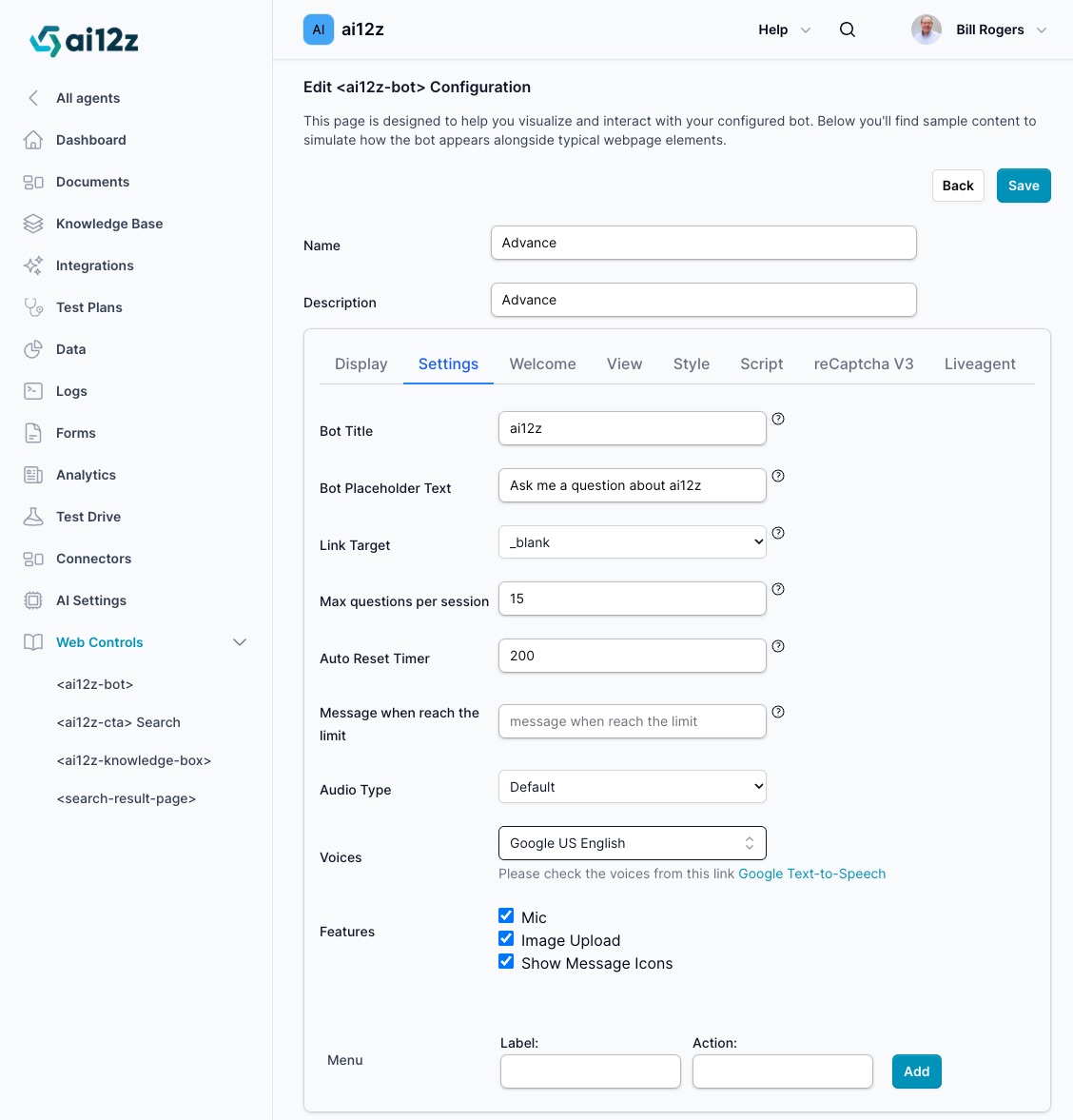Setting bot control tab