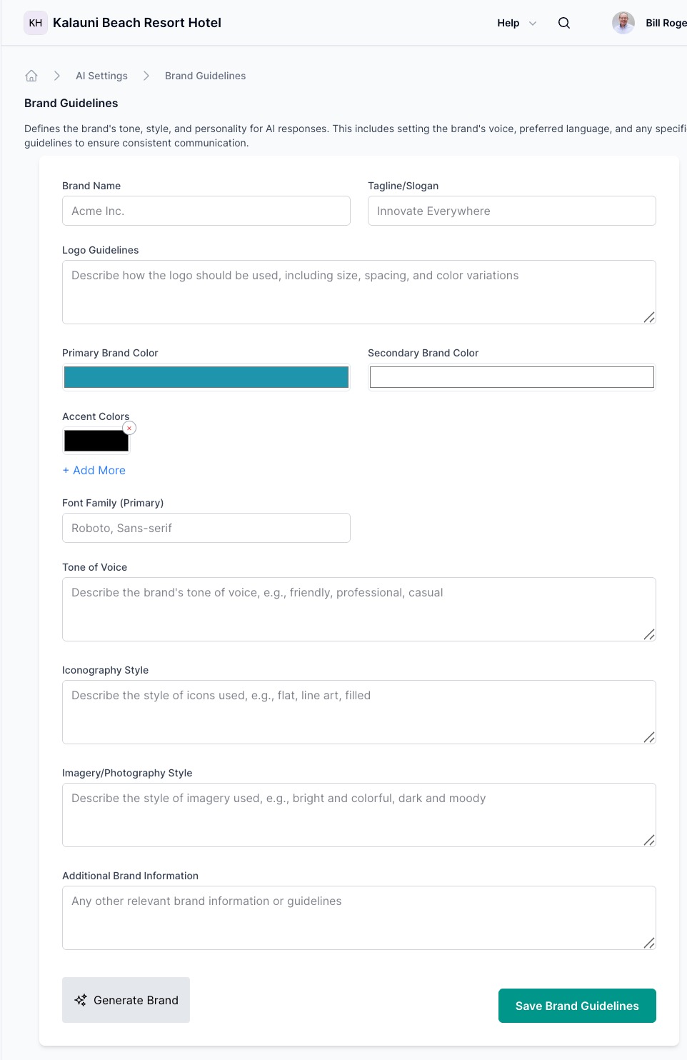 Brand Guidelines interface showing comprehensive form fields
