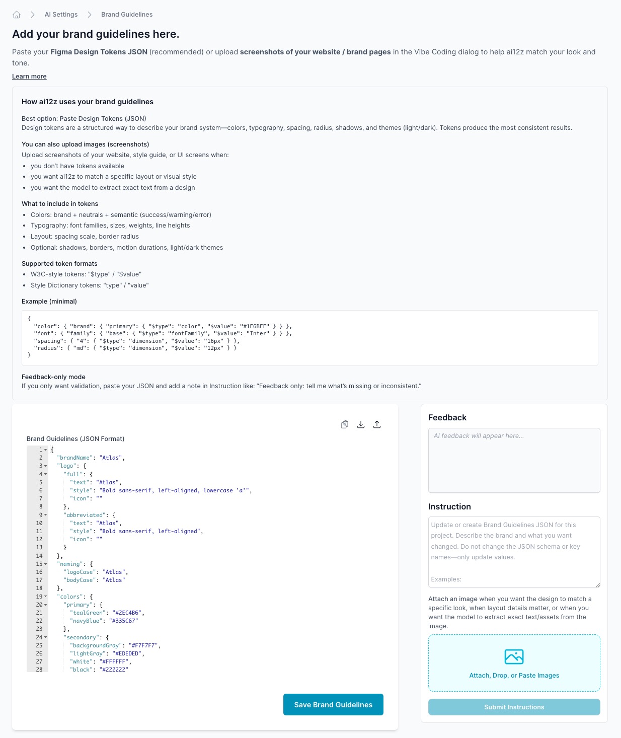 Brand Guidelines page with JSON editor and Vibe Coding panel