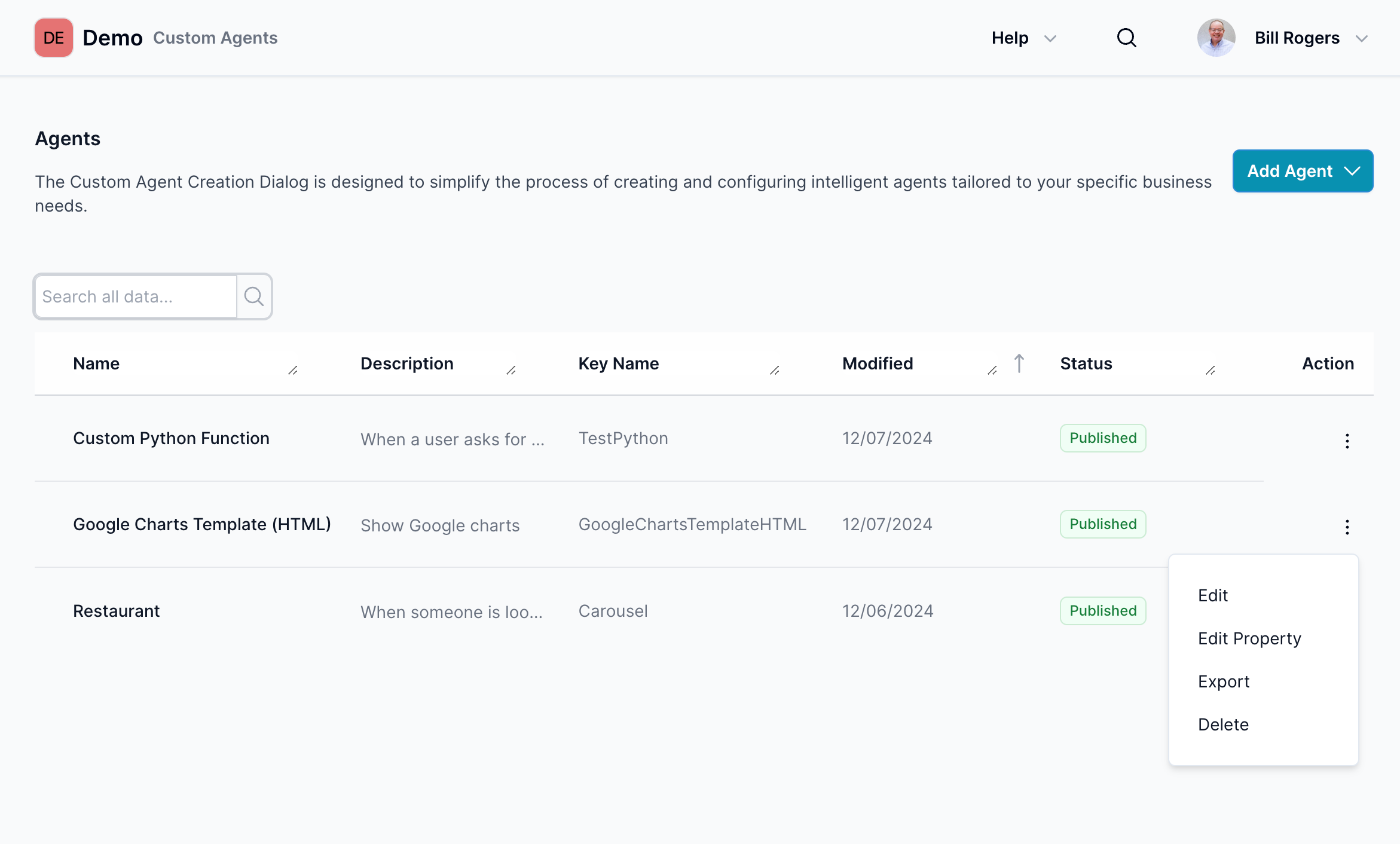 The Custom Agents screen is designed to simplify the process of creating and configuring intelligent agents tailored to your specific business needs. Here, you can view, create, edit, export, and delete your custom agents.