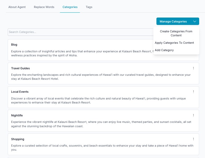 Categories tab with Manage Categories menu