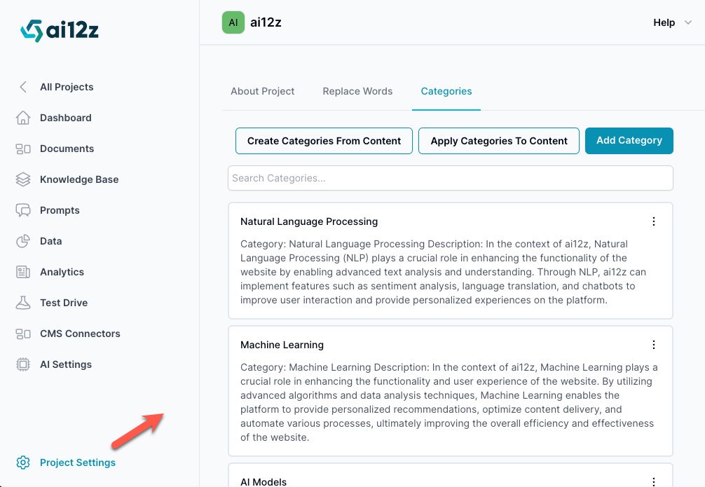 The screenshot displays the &#39;Categories&#39; tab of the ai12z platform&#39;s interface, where users can manage content categorization. It features options to automatically create categories based on content analysis, apply these categories to content for structured organization, and manually add new categories.