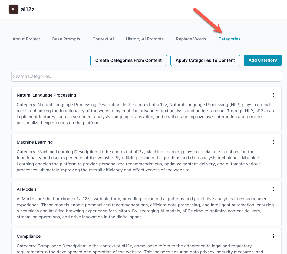 Category Management list and actions