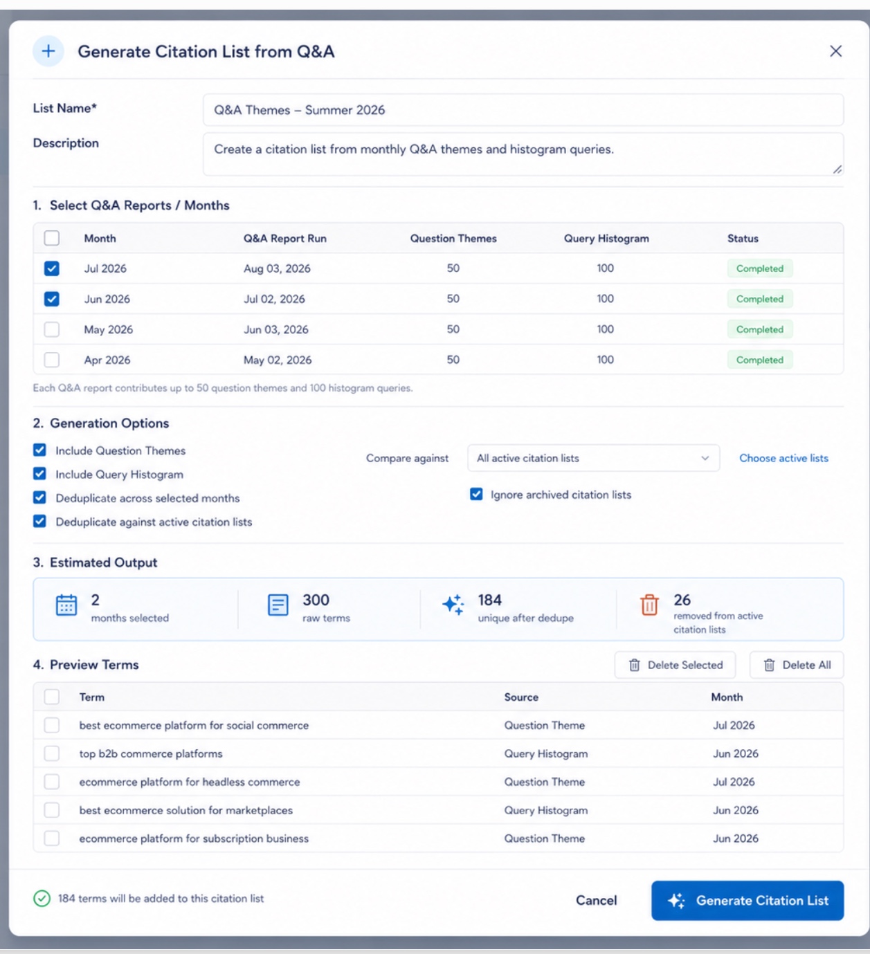 Generate Citation List from Q&amp;A modal, showing month selection, generation options, estimated output, and a term preview
