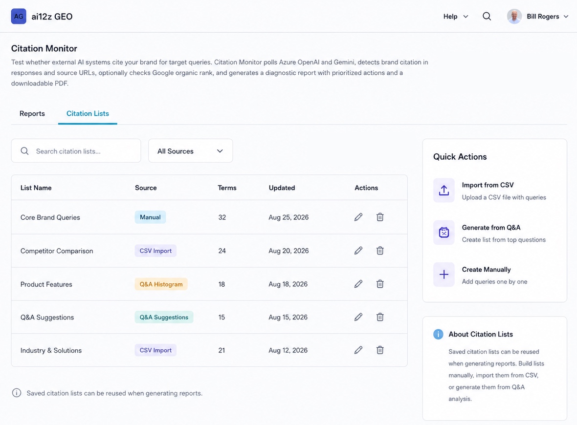 Citation Lists tab, showing five saved lists with their source type and term count, plus Quick Actions