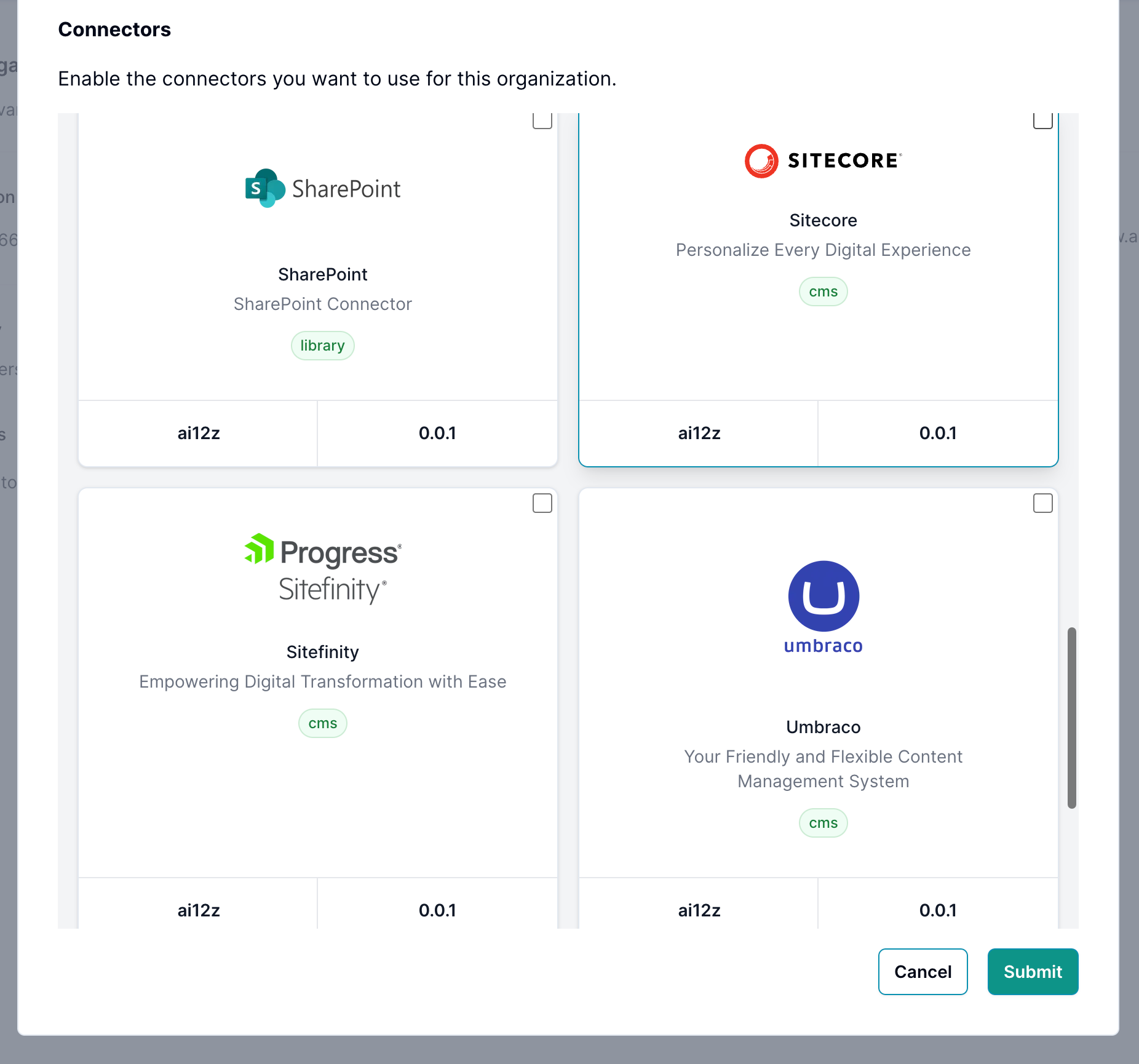 Screen showing options to enable connectors for the organization. The connectors include SharePoint, Sitecore, Sitefinity, and Umbraco. Each connector option has a checkbox to enable or disable it, along with a brief description and version information.