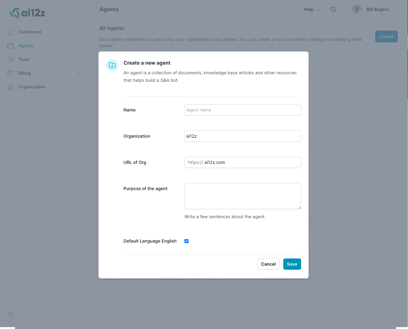 Dialog to Create a New Agent