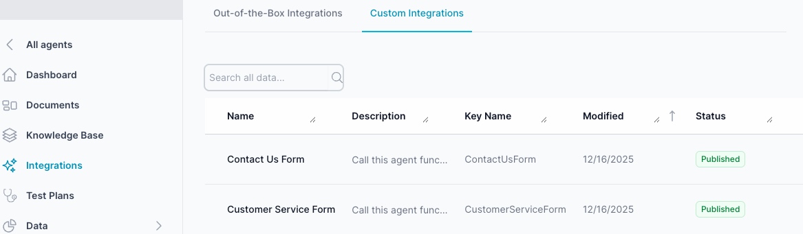 Custom Integrations tab showing existing published integrations