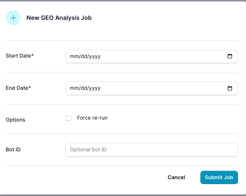 New GEO Analysis Job dialog with Start Date, End Date, and Bot ID fields