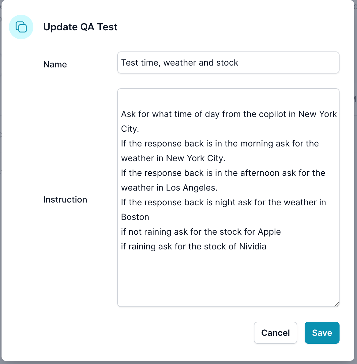 WThe Create/Update QA Test dialog allows you to define or modify the details of a QA test for your copilot agents. This includes specifying the name of the test and providing detailed instructions for the test scenarios.