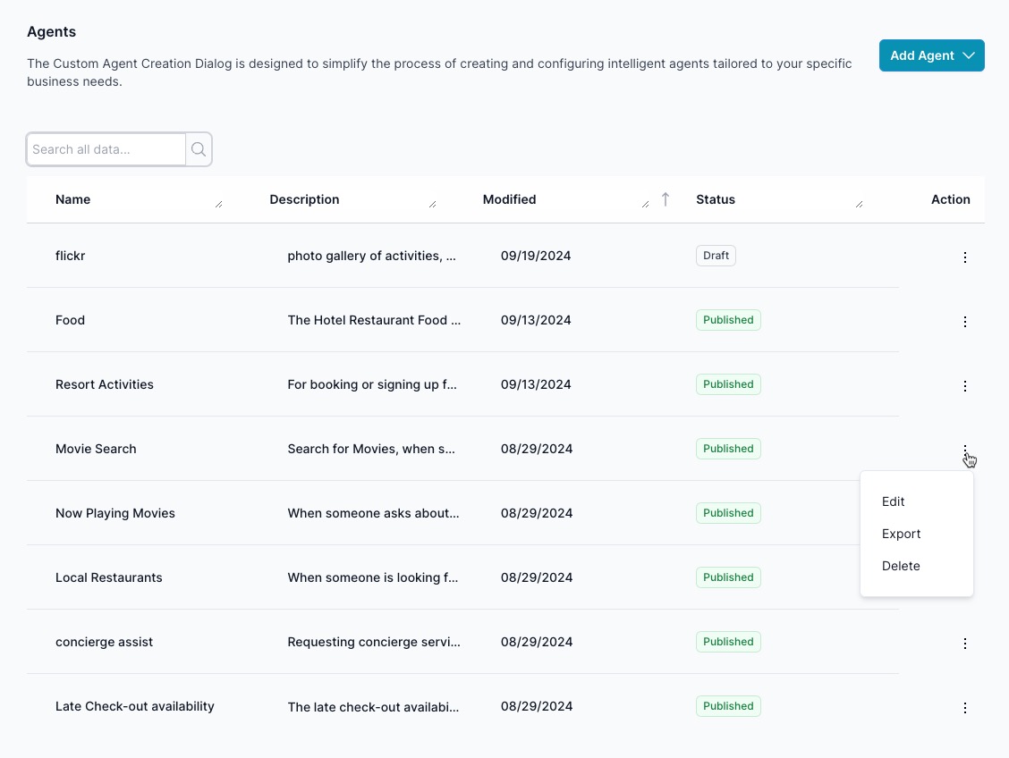 The Custom Agents screen is designed to simplify the process of creating and configuring intelligent agents tailored to your specific business needs. Here, you can view, create, edit, export, and delete your custom agents.