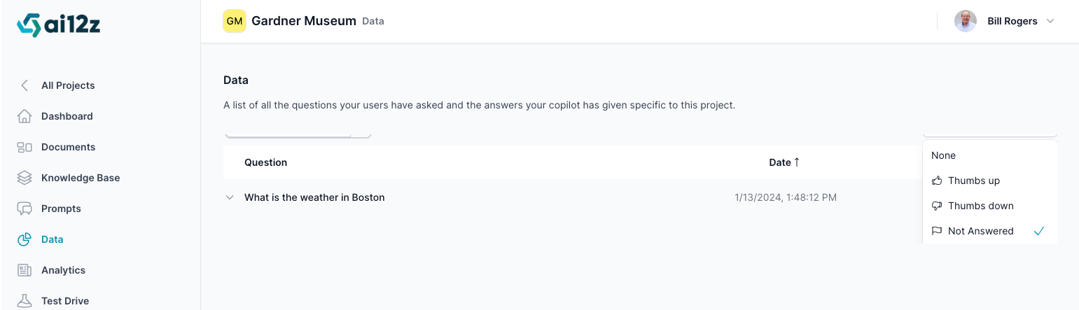 DScreenshot of the &#39;Gardner Museum Data&#39; section within the &#39;ai12z&#39; web application. The interface features a navigation sidebar with options such as &#39;All Projects&#39;, &#39;Dashboard&#39;, and &#39;Knowledge Base&#39;, with &#39;Data&#39; currently selected. In the main content area, there&#39;s a header reading &#39;Data&#39;, and a subtitle stating it&#39;s a list of questions asked by users and answers given by the copilot specific to this project. Below, there&#39;s a search bar and a single question listed: To the right of the question, there are icons for &#39;Thumbs up&#39;, &#39;Thumbs down&#39;, and a checked &#39;Not Answered&#39; box. to filter the results
