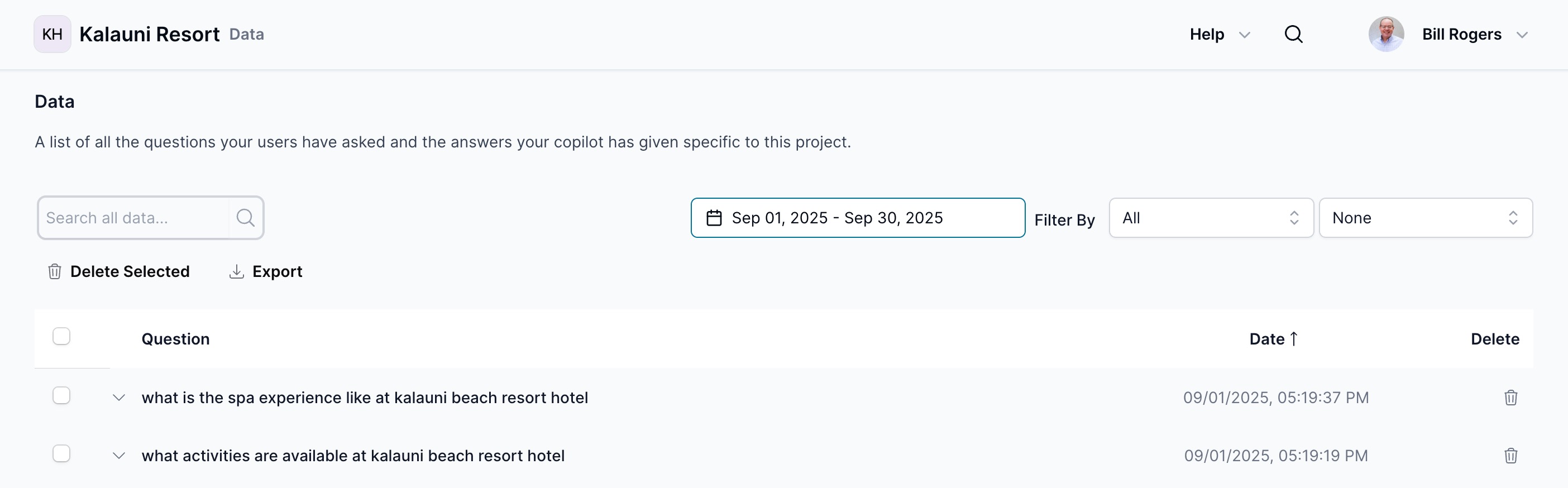 Data interface showing question/answer pairs with date range selector and export functionality